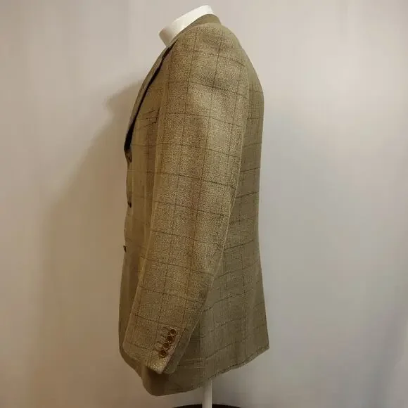 Canali Hopsack Blazer Size 42 Wool Silk Blend Brown Windowpane Plaid 3 Button